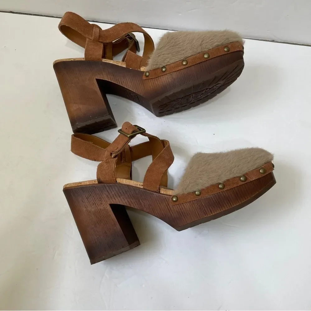 KORKS FAUX FUR CLOGS‎ WITH WOODEN BLOCK HEEL